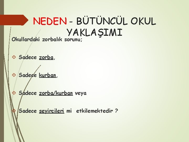 NEDEN - BÜTÜNCÜL OKUL YAKLAŞIMI Okullardaki zorbalık sorunu; Sadece zorba, Sadece kurban, Sadece zorba/kurban