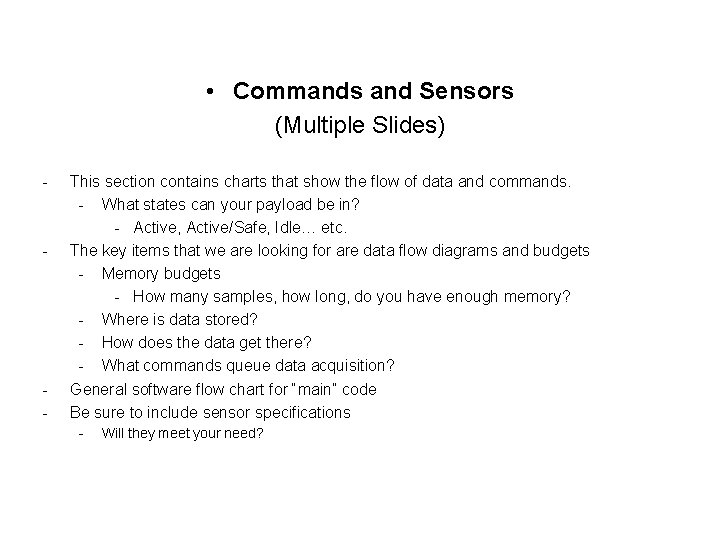  • Commands and Sensors (Multiple Slides) - - - This section contains charts