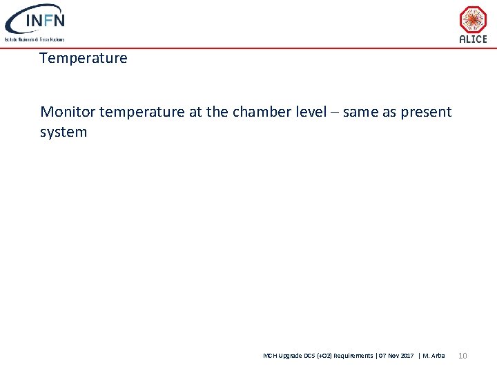 Temperature Monitor temperature at the chamber level – same as present system MCH Upgrade