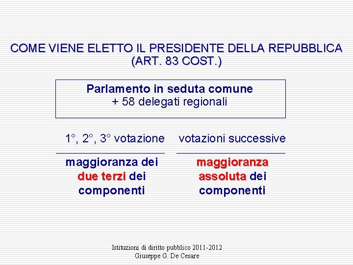 COME VIENE ELETTO IL PRESIDENTE DELLA REPUBBLICA (ART. 83 COST. ) Parlamento in seduta