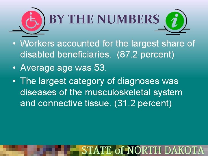 BY THE NUMBERS • Workers accounted for the largest share of disabled beneficiaries. (87. BY THE NUMBERS • Workers accounted for the largest share of disabled beneficiaries. (87.