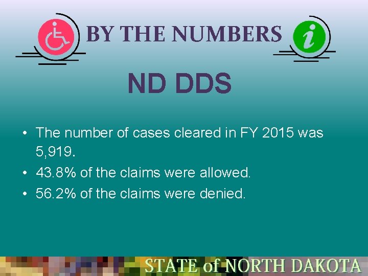 BY THE NUMBERS ND DDS • The number of cases cleared in FY 2015 BY THE NUMBERS ND DDS • The number of cases cleared in FY 2015