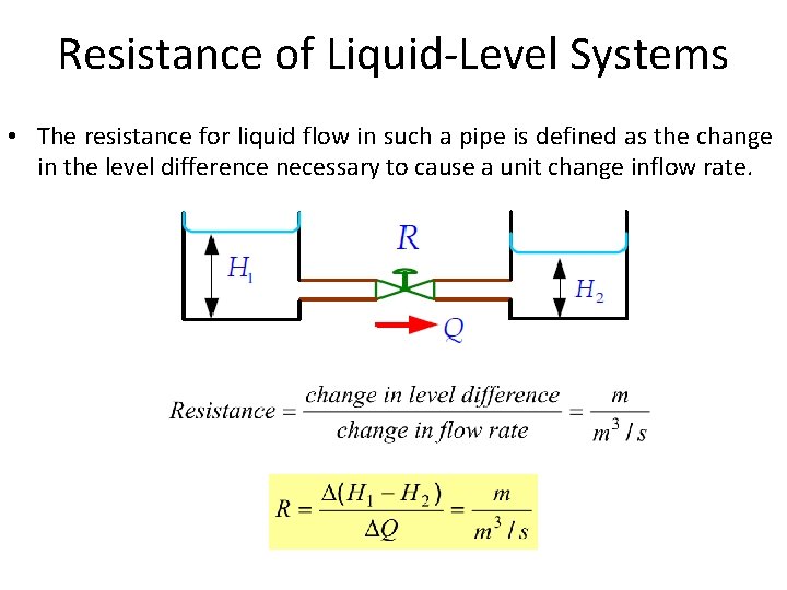 Resistance of Liquid-Level Systems • The resistance for liquid flow in such a pipe