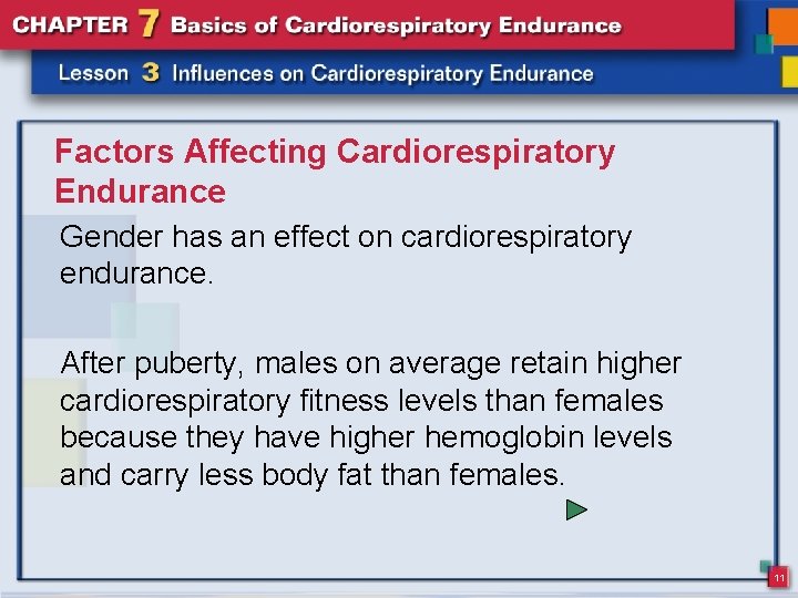 Factors Affecting Cardiorespiratory Endurance Gender has an effect on cardiorespiratory endurance. After puberty, males