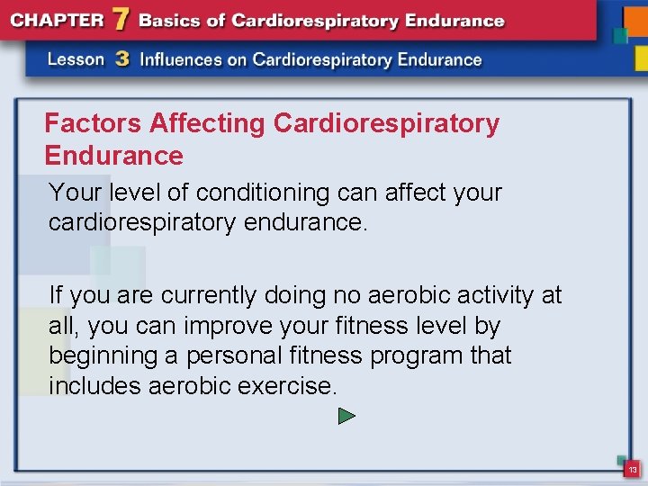 Factors Affecting Cardiorespiratory Endurance Your level of conditioning can affect your cardiorespiratory endurance. If
