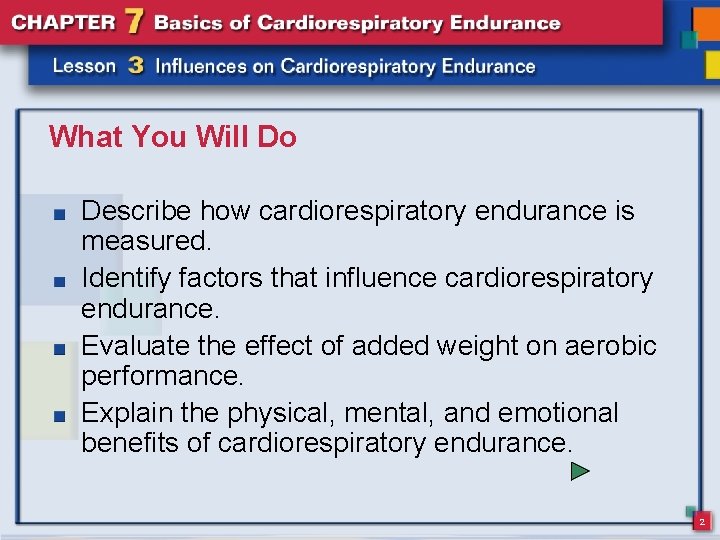 What You Will Do Describe how cardiorespiratory endurance is measured. Identify factors that influence