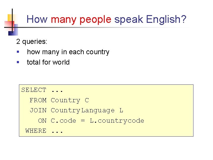 How many people speak English? 2 queries: § how many in each country §