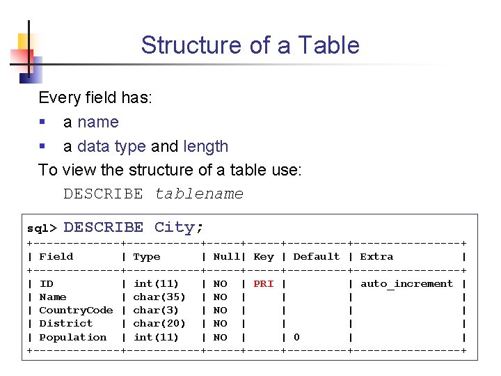 Structure of a Table Every field has: § a name § a data type