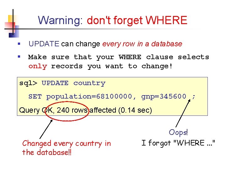 Warning: don't forget WHERE § UPDATE can change every row in a database §