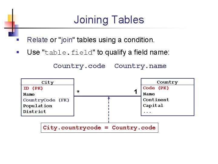 Joining Tables § Relate or "join" tables using a condition. § Use "table. field"