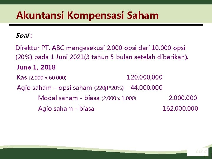 Akuntansi Kompensasi Saham Soal : Direktur PT. ABC mengesekusi 2. 000 opsi dari 10.