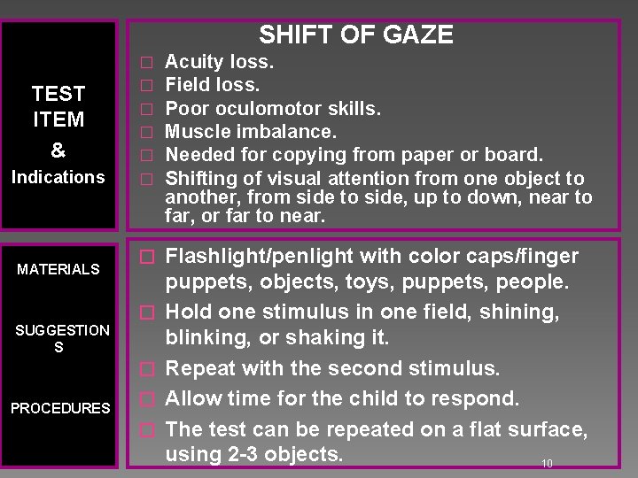 SHIFT OF GAZE TEST ITEM & Indications MATERIALS � � � Acuity loss. Field