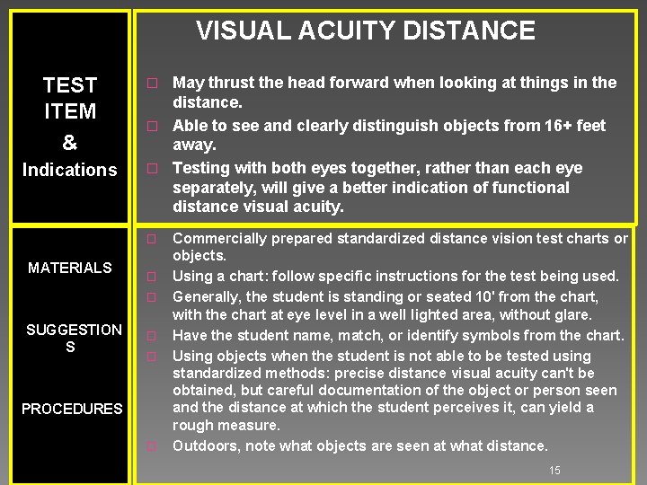 VISUAL ACUITY DISTANCE TEST ITEM & Indications � May thrust the head forward when