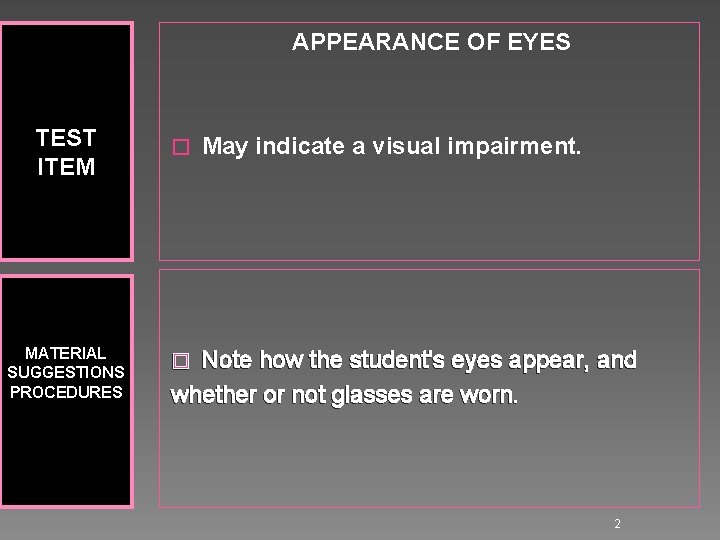 APPEARANCE OF EYES TEST ITEM MATERIAL SUGGESTIONS PROCEDURES � May indicate a visual impairment.