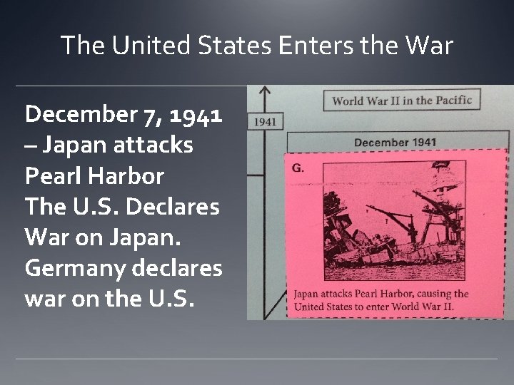 The United States Enters the War December 7, 1941 – Japan attacks Pearl Harbor