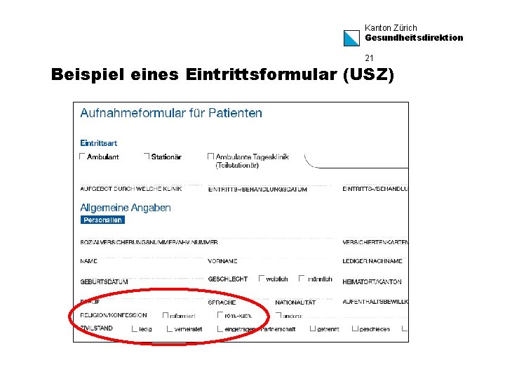 Kanton Zürich Gesundheitsdirektion 21 Beispiel eines Eintrittsformular (USZ) 