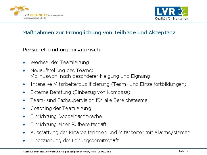 Maßnahmen zur Ermöglichung von Teilhabe und Akzeptanz Personell und organisatorisch • Wechsel der Teamleitung