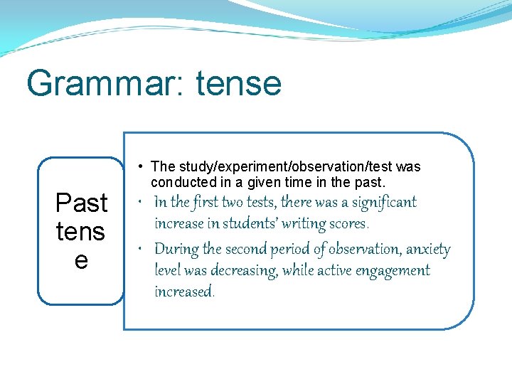 Grammar: tense Past tens e • The study/experiment/observation/test was conducted in a given time