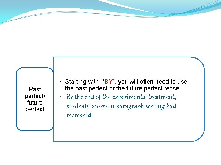 Past perfect/ future perfect • Starting with “BY”, you will often need to use