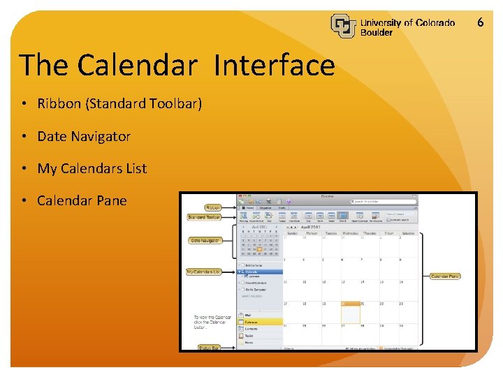 6 The Calendar Interface • Ribbon (Standard Toolbar) • Date Navigator • My Calendars