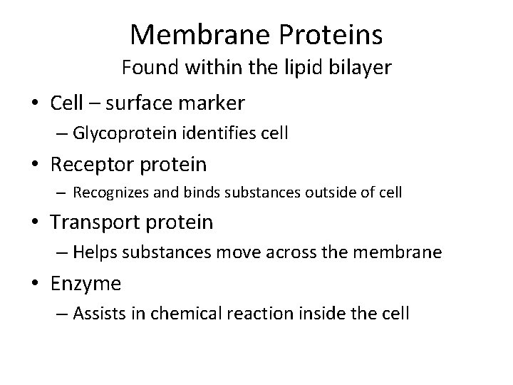 Membrane Proteins Found within the lipid bilayer • Cell – surface marker – Glycoprotein
