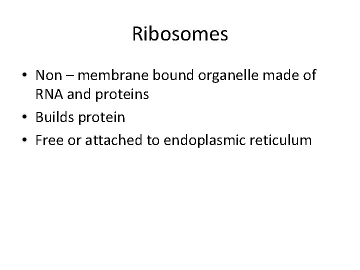 Ribosomes • Non – membrane bound organelle made of RNA and proteins • Builds