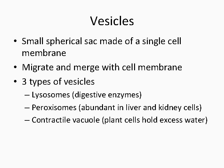 Vesicles • Small spherical sac made of a single cell membrane • Migrate and
