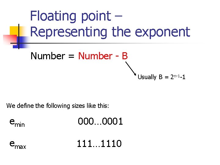 Floating point – Representing the exponent Number = Number - B Usually B =