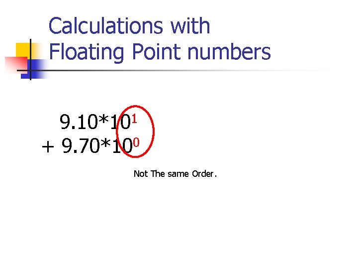 Calculations with Floating Point numbers 9. 10*101 + 9. 70*100 Not The same Order.