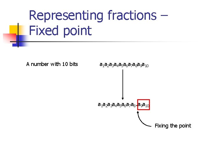 Representing fractions – Fixed point A number with 10 bits a 1 a 2