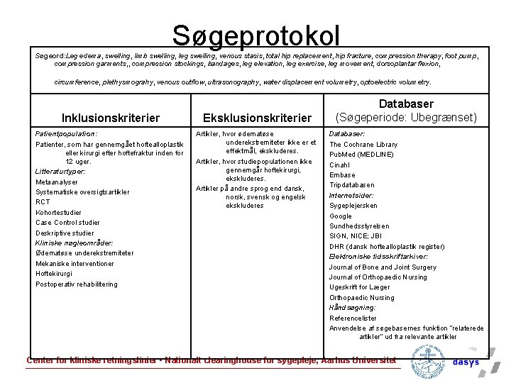 Søgeprotokol Søgeord: Leg edema, swelling, limb swelling, leg swelling, venous stasis, total hip replacement,