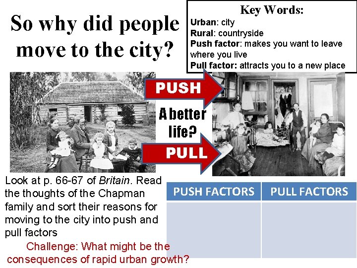 So why did people move to the city? Key Words: Urban: city Rural: countryside