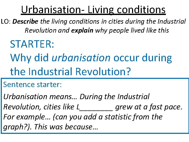 Urbanisation- Living conditions LO: Describe the living conditions in cities during the Industrial Revolution