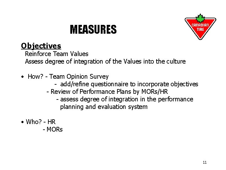 MEASURES Objectives Reinforce Team Values Assess degree of integration of the Values into the