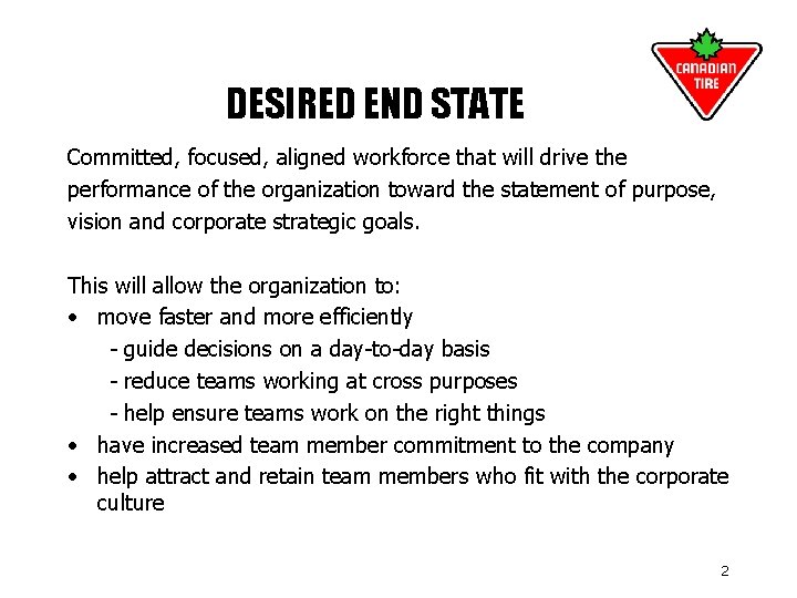 DESIRED END STATE Committed, focused, aligned workforce that will drive the performance of the