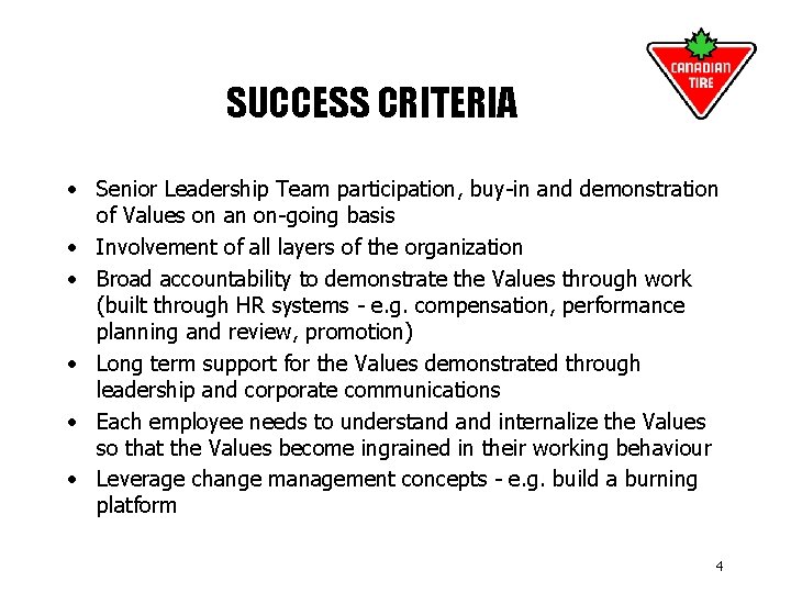 SUCCESS CRITERIA • Senior Leadership Team participation, buy-in and demonstration of Values on an