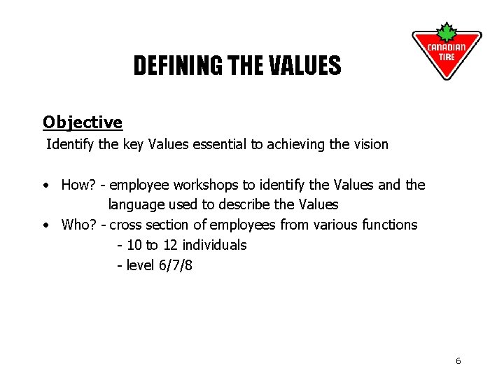 DEFINING THE VALUES Objective Identify the key Values essential to achieving the vision •
