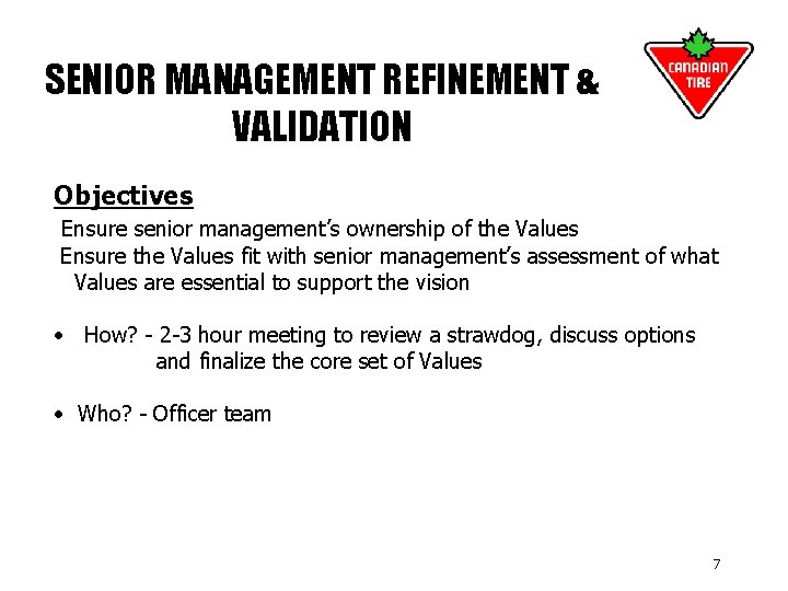 SENIOR MANAGEMENT REFINEMENT & VALIDATION Objectives Ensure senior management’s ownership of the Values Ensure