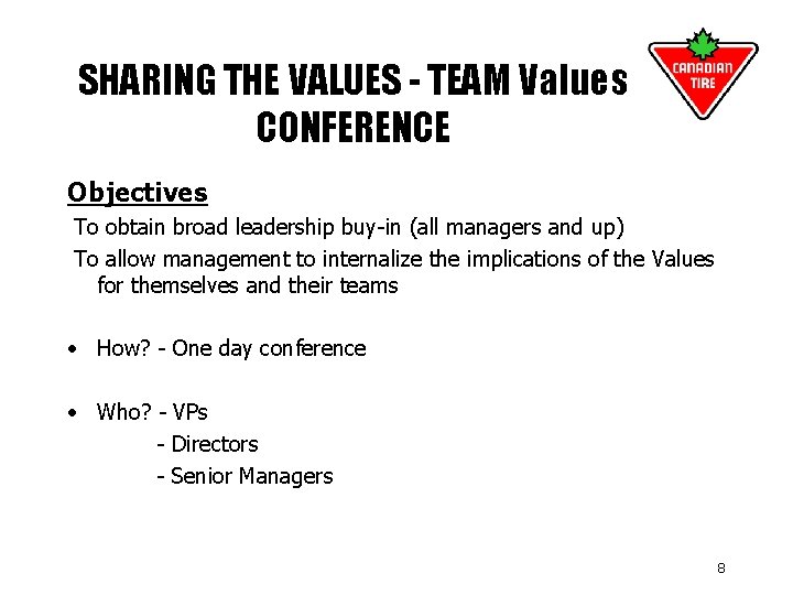 SHARING THE VALUES - TEAM Values CONFERENCE Objectives To obtain broad leadership buy-in (all