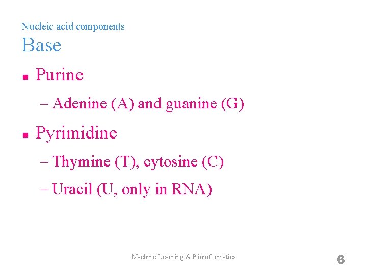 Nucleic acid components Base n Purine – Adenine (A) and guanine (G) n Pyrimidine