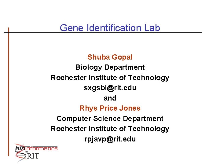 Gene Identification Lab Shuba Gopal Biology Department Rochester Institute of Technology sxgsbi@rit. edu and