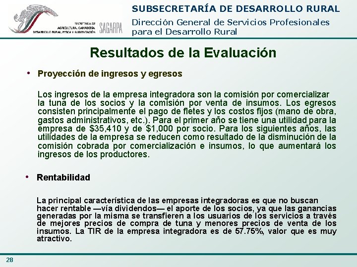 SUBSECRETARÍA DE DESARROLLO RURAL Dirección General de Servicios Profesionales para el Desarrollo Rural Resultados