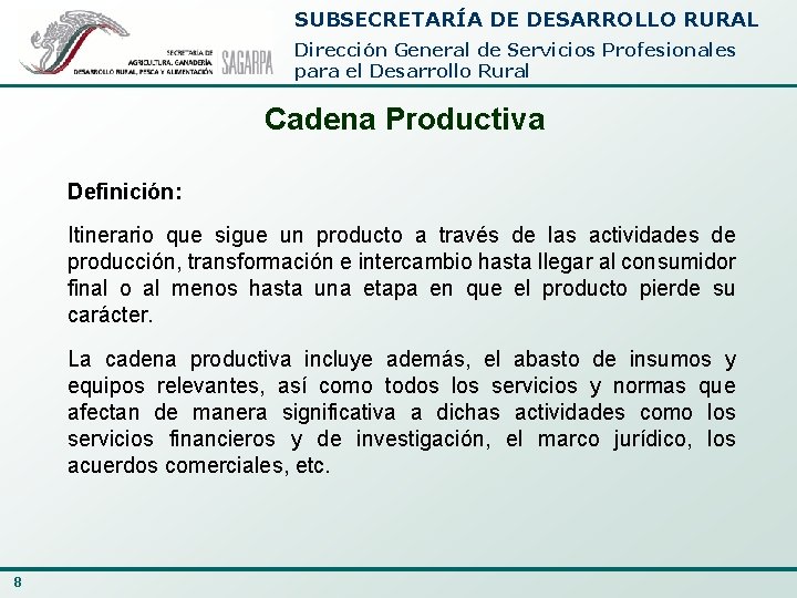SUBSECRETARÍA DE DESARROLLO RURAL Dirección General de Servicios Profesionales para el Desarrollo Rural Cadena