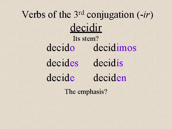 Verbs of the 3 rd conjugation (-ir) decidir Its stem? decido decides decide decidimos Verbs of the 3 rd conjugation (-ir) decidir Its stem? decido decides decide decidimos