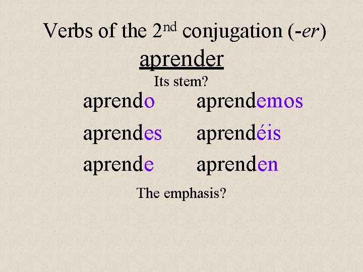 Verbs of the 2 nd conjugation (-er) aprender Its stem? aprendo aprendes aprendemos aprendéis Verbs of the 2 nd conjugation (-er) aprender Its stem? aprendo aprendes aprendemos aprendéis