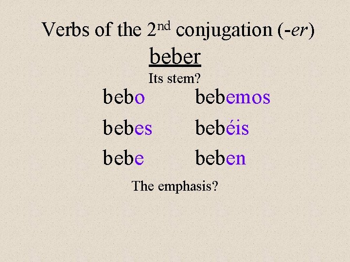 Verbs of the 2 nd conjugation (-er) beber Its stem? b ebo b ebes Verbs of the 2 nd conjugation (-er) beber Its stem? b ebo b ebes
