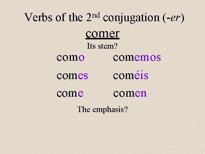 Verbs of the 2 nd conjugation (-er) comer Its stem? como comes comemos coméis Verbs of the 2 nd conjugation (-er) comer Its stem? como comes comemos coméis