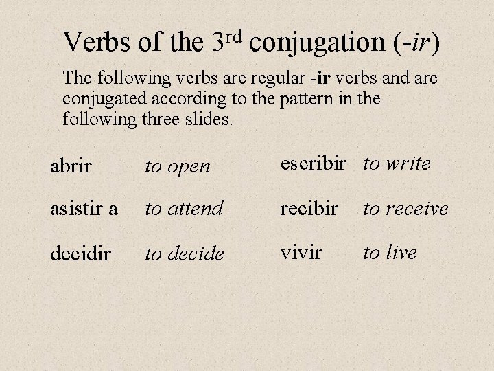 Verbs of the 3 rd conjugation (-ir) The following verbs are regular -ir verbs Verbs of the 3 rd conjugation (-ir) The following verbs are regular -ir verbs