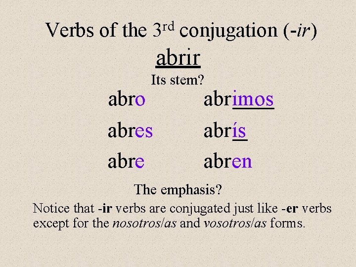Verbs of the 3 rd conjugation (-ir) abrir Its stem? aabro a abres a Verbs of the 3 rd conjugation (-ir) abrir Its stem? aabro a abres a