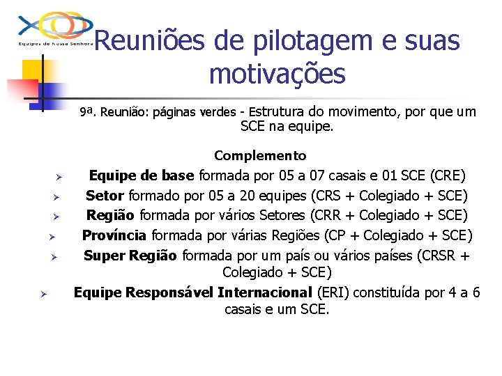 Reuniões de pilotagem e suas motivações 9ª. Reunião: páginas verdes - Estrutura do movimento,